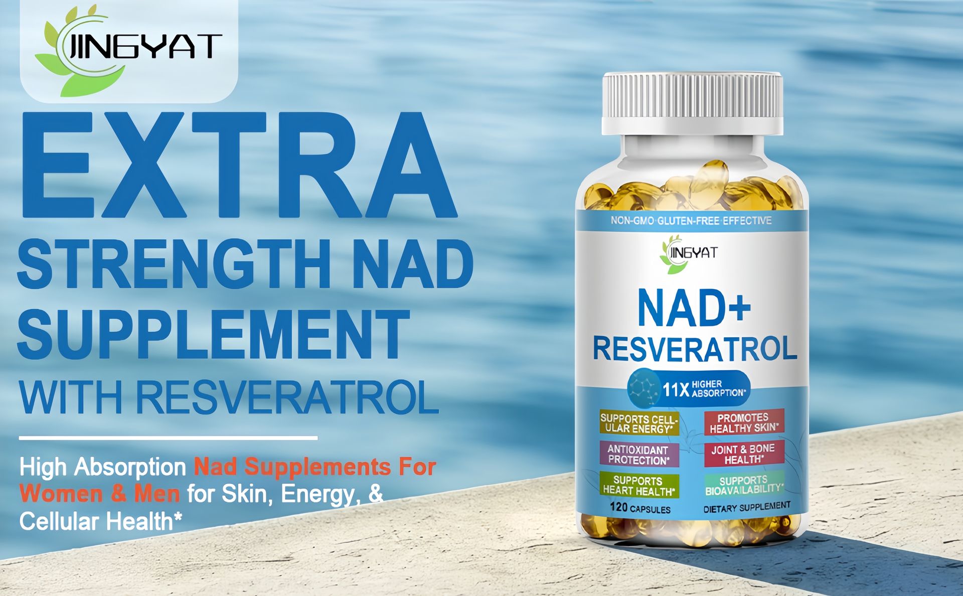 11-in-1 NAD Supplement with Resveratrol, CoQ10, Quercetin, Collagen, Grape Seed for Cellular Energy, Mental Focus & Antioxidant Support - NAD Supplement for Women & Men, 120 Soft Capsules