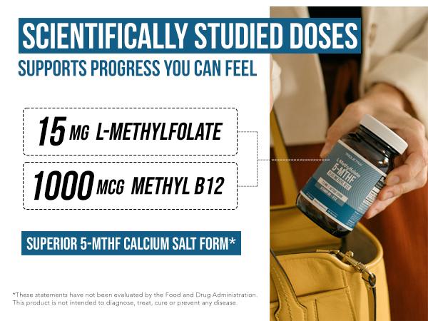 L Methyl Folate 15mg + Methyl B12 Cofactor, High Potency Active 5-MTHF Form
