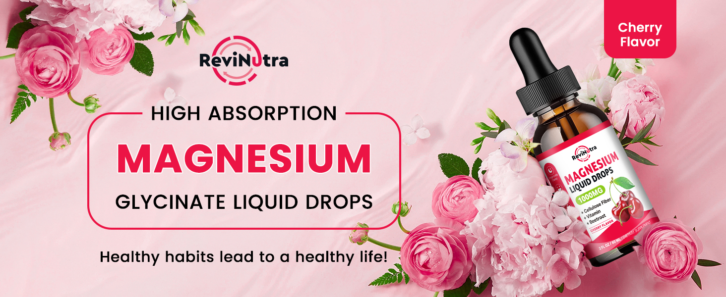 Magnesium Glycinate Liquid Drops, 1000mg Magnesium Glycinate, Citrate & Taurate with Fiber, Beetroot, Vitamin B & C for Sleep, Calm, Muscle, Energy & Relaxation, 2 Fl Oz, Sugar-Free Cherry Flavor