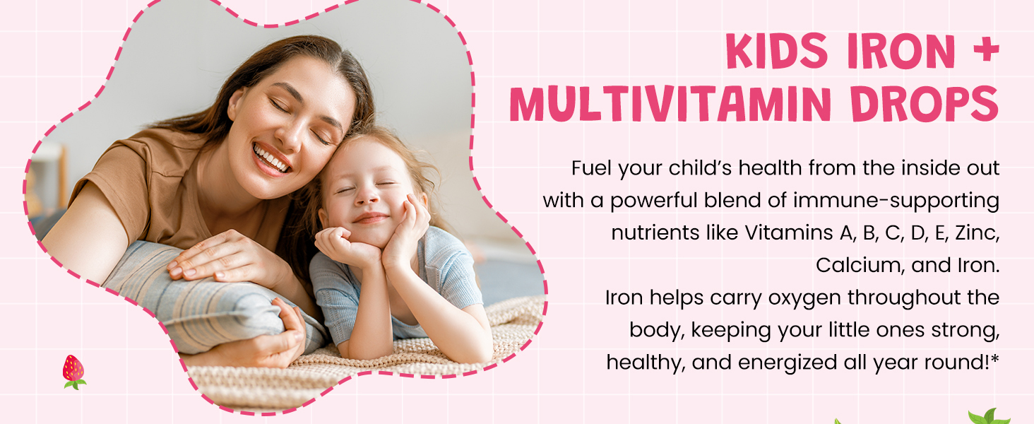 Liquid Iron Supplement for Kids, Women & Men - Kids Multivitamin with Iron Drops - Immune Support, Blood Builder & Energy Support for Iron Deficiency, Anemia - Strawberry Flavor, 4 Fl Oz