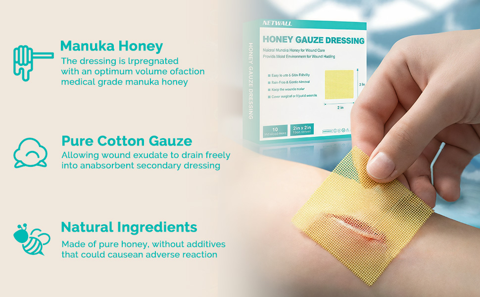 Manuka Honey Wound Dressing 2" x 2" Nonstick Gauze Pads, Sterile Medical Grade Manuka Honey for Wound Care, Honey Patch Wound Repair for Burns, Abrasions, Cuts and Scalds (Individually Pack of 10)