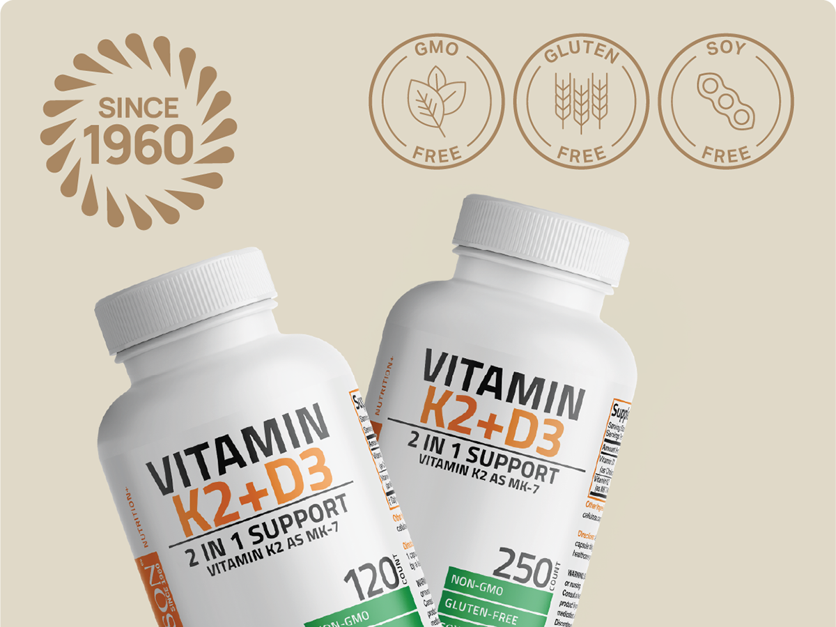 Bronson Vitamin K2 D3 (MK7) Supplement 2-in1 D3 & K2 Complex, 60 Capsules