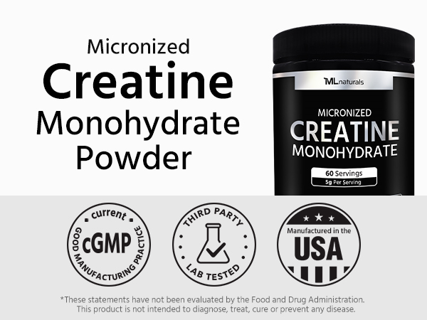 ML Naturals Micronized Creatine Monohydrate 5g (Per Serving) – 300g (10.5oz) – 60 Servings – Supports Muscle Growth & Strength – 200 Mesh Pure Powder