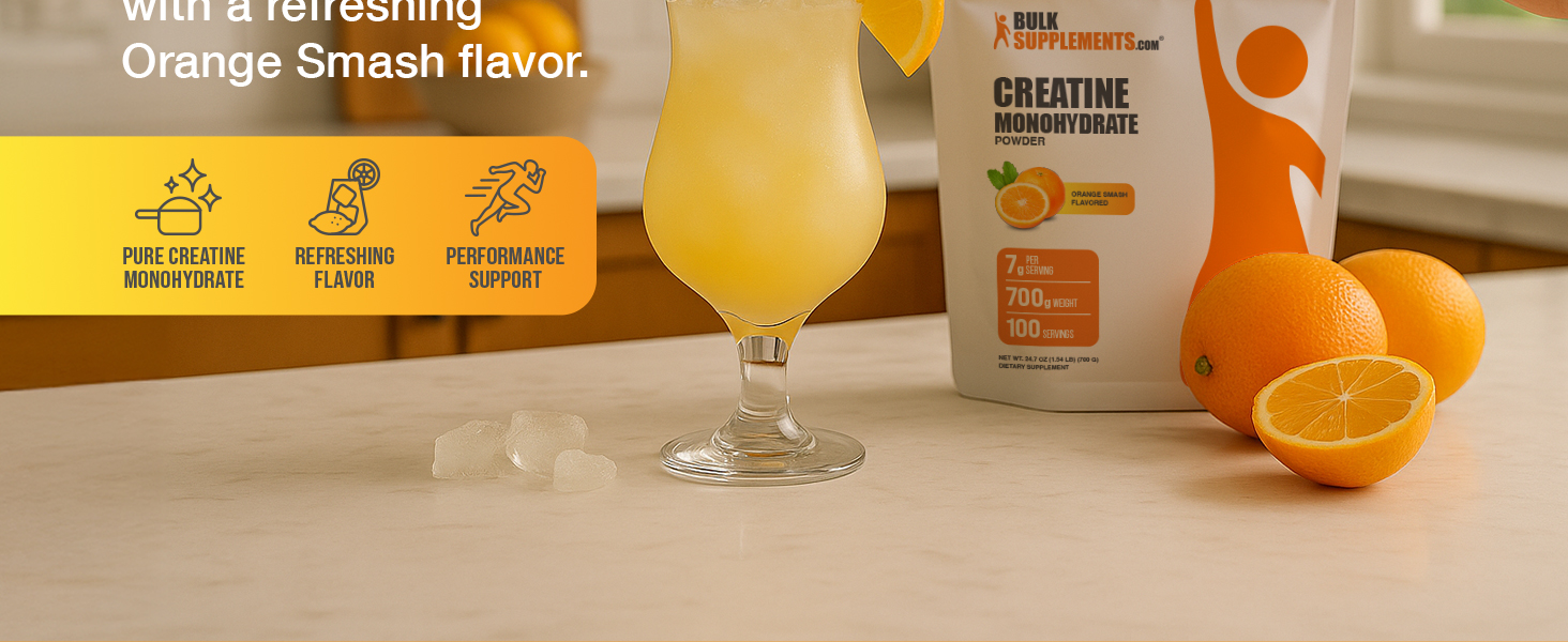 BulkSupplements.com Creatine Monohydrate Powder - Creatine Flavored Powder Supplement, Micronized - Orange Smash Flavor, 7g per Serving, 700g (1.5 lbs) (Pack of 1)