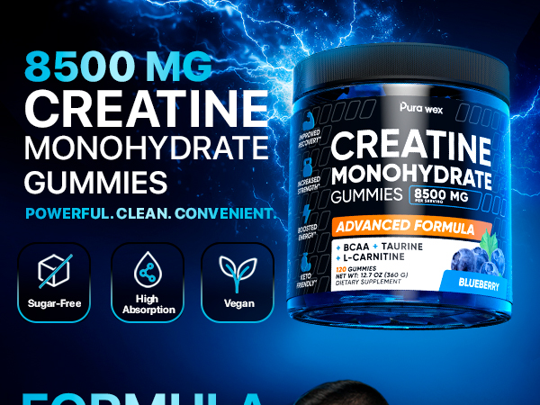 Creatine Monohydrate Gummies Complex 8500MG - Energy Chews, Men & Women