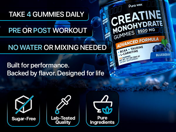 Creatine Monohydrate Gummies Complex 8500MG - Energy Chews, Men & Women