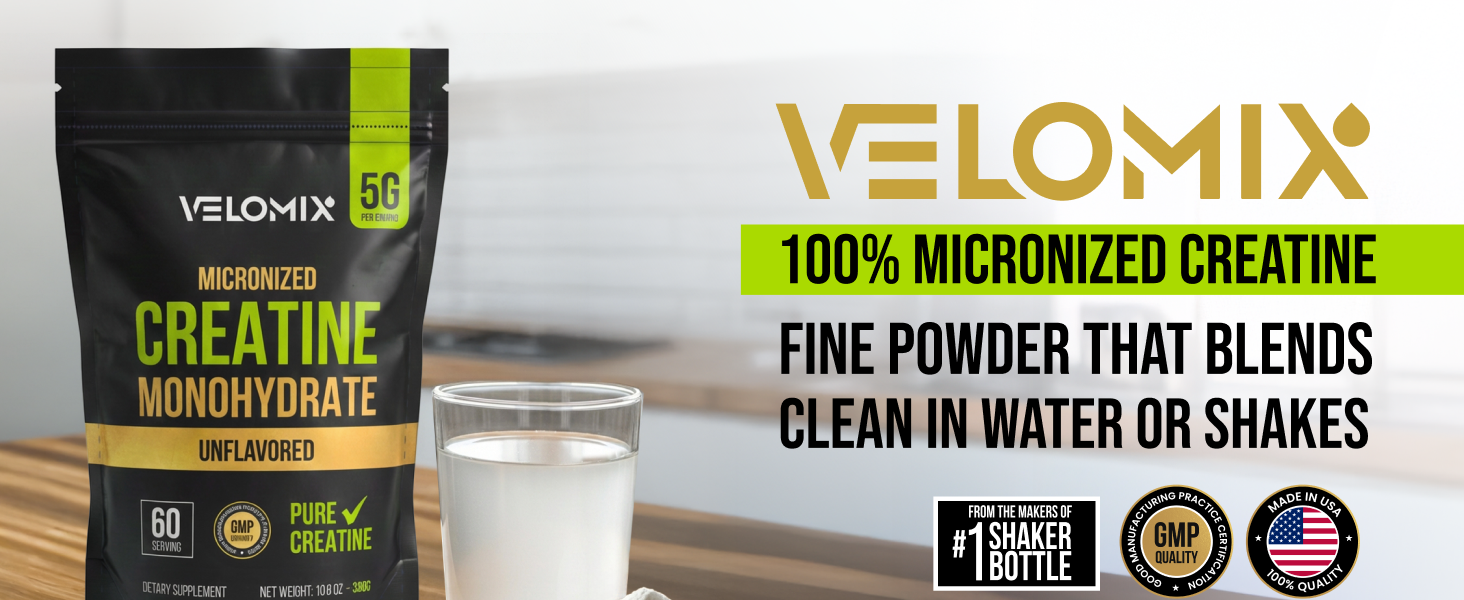 VELOMIX Micronized Creatine Monohydrate Powder - 100% Pure Creatine Powder Unflavored and Easy to Mix | Supports Muscle Growth, Recovery, and Strength | 5000mg Per Serv (5g) - 60 Servings