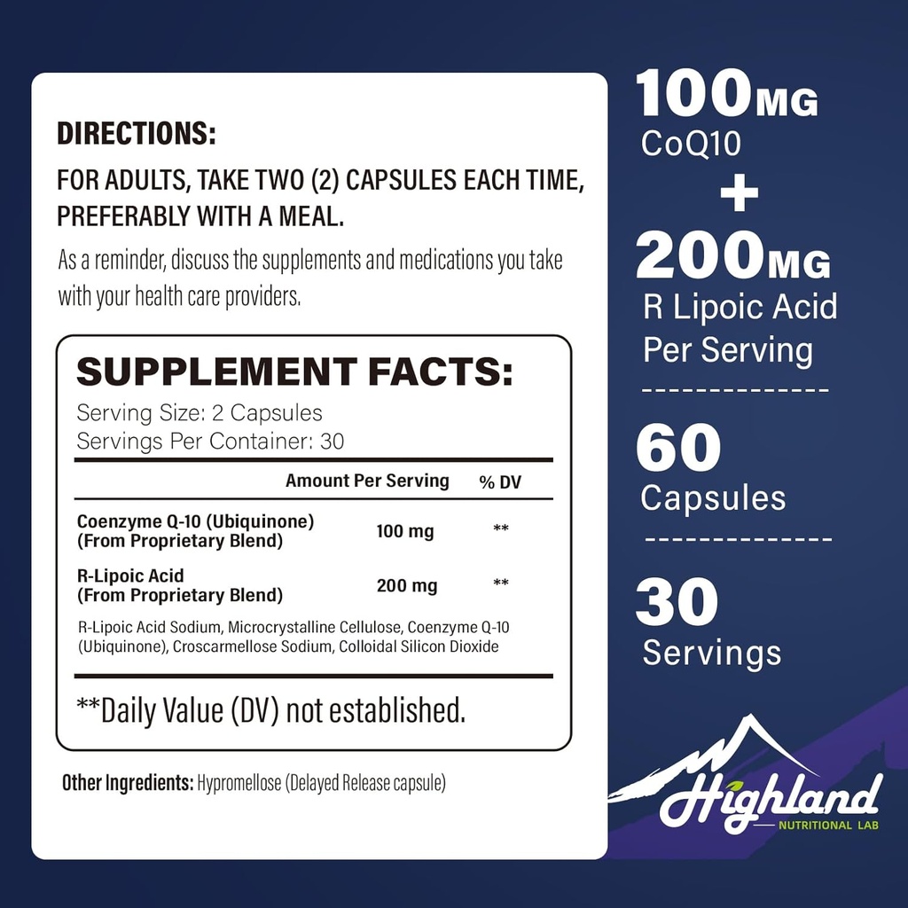 CoQ10 100 mg + R-lipoiinihappo 200 mg/annos, 1 kuukauden tarjonta, jopa 5X parempi imeytyminen, R-lipoiinihappo/CoQ10-lisä sydämen terveyteen ja kognitiivisiin terveys-60-kapseleihin