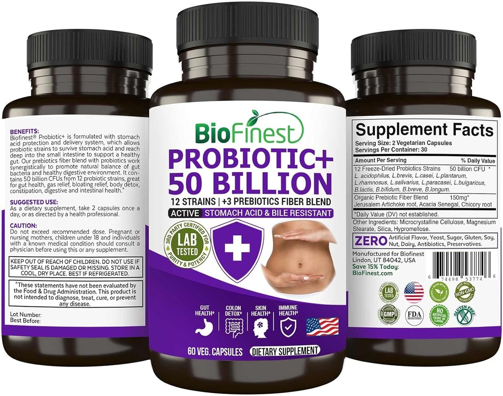 BioFinest Probiootti 50 miljardia PMY Enzyme Supplement - 12 Probiootit Kanta 3 Natural Prebiootit - Gut Digestion Detox Gas Bloating Ummetus - Acidophilus miesten naisten (60 Veg. caps)