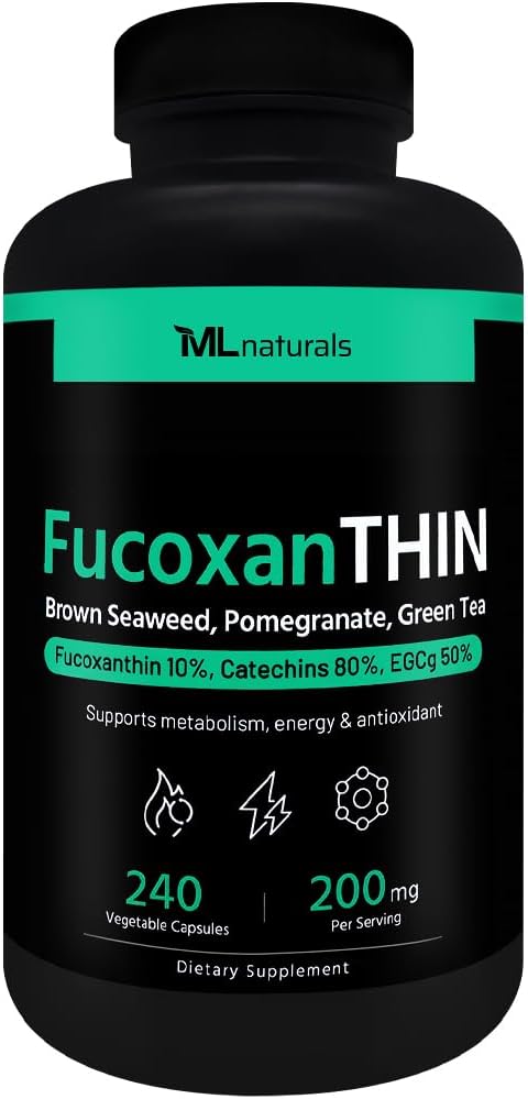 ML Naturals FucoxanTHIN 240 Vihanneskapselit. Fukoksantiini 10% 200 mg/annos, tukee aineenvaihduntaa ja antioksidanttia, NSF- Certified & cGMP- compliantti
