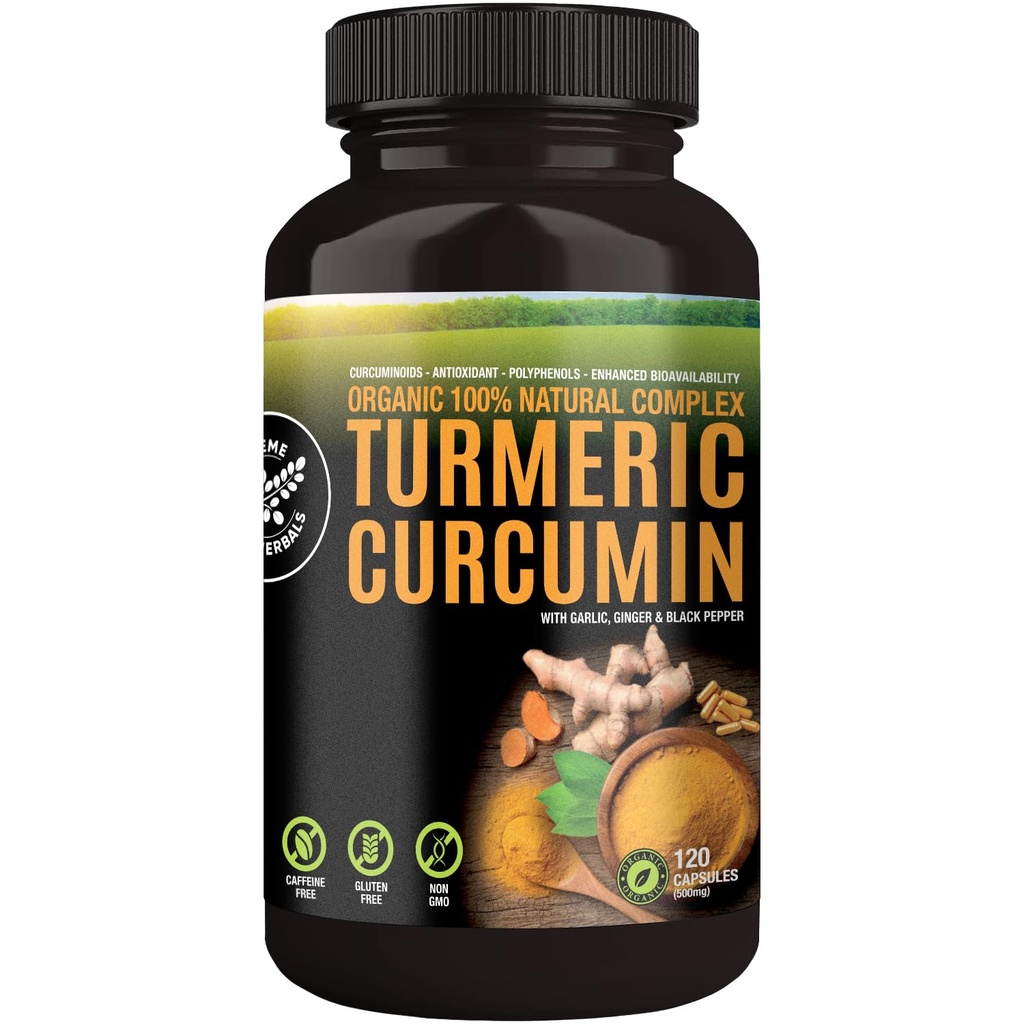 100% raaka ja orgaaninen kurkuma curcumin kapselit. Certified Organic, Gluteeniton, ei-GMO, ja kofeiiniton. Tehostettu valkosipuli, inkivääri ja mustapippuri, 500 mg, 120 vegan kapselit