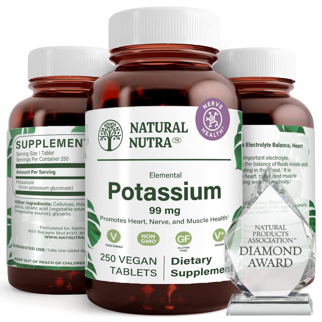 Natural Nutra Elemental Potassium Gluconate 99 mg Kosttillskott - främjar energi, hjälper till att öka nervsystemet, främjar hjärthälsa, mineralförordning, muskelfunktion - 250 Vegan tabletter