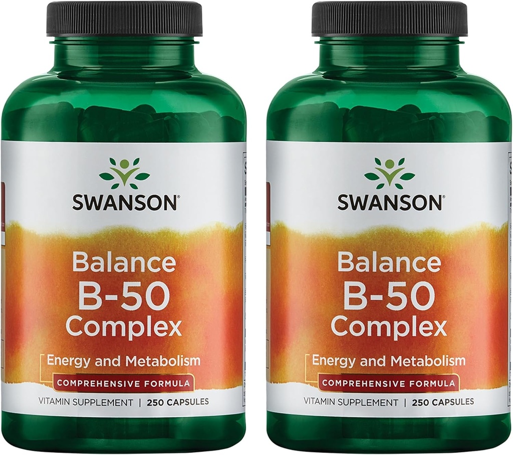 Swanson B-50 B-Complex - B-vitamiinikompleksi, jossa on korkea teho ja biologinen hyötyosuus - edistää immuunijärjestelmän tukea, aids Heart Health, & tukee tervettä hermostoa - (250 kapselia) (2 pakkaus)
