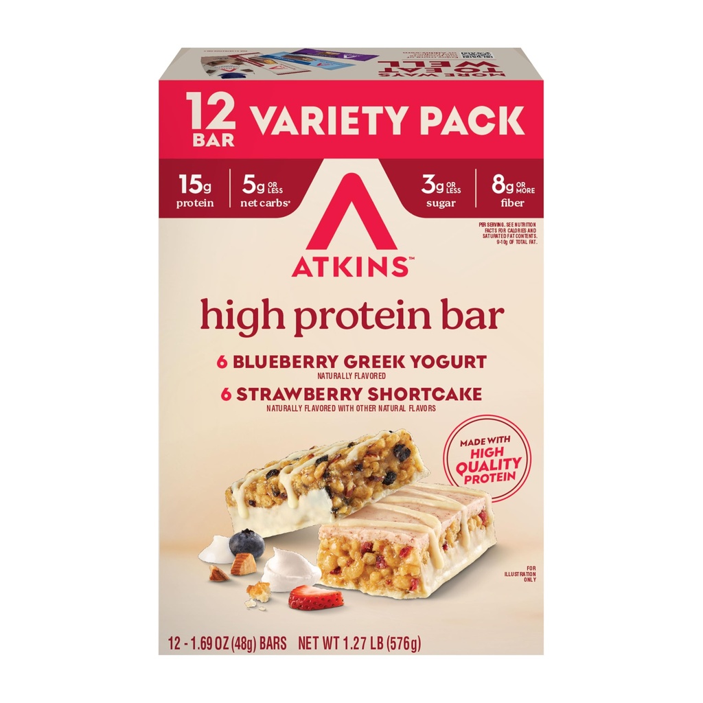 Atkins Blueberry Greek Jogurtti & Strawberry Shortcake High Protein Bar, High Fiber, Keto Friendly, 12 Count (6 Bars Each Maku)