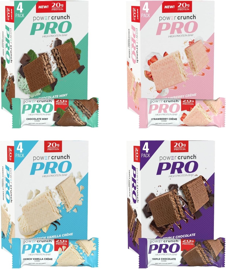 Power Crunch PRO Protein Wafer Bars, Variety Pack, 4 Flavors 2.0 Ounce Bars (16 Count). Korkea proteiini