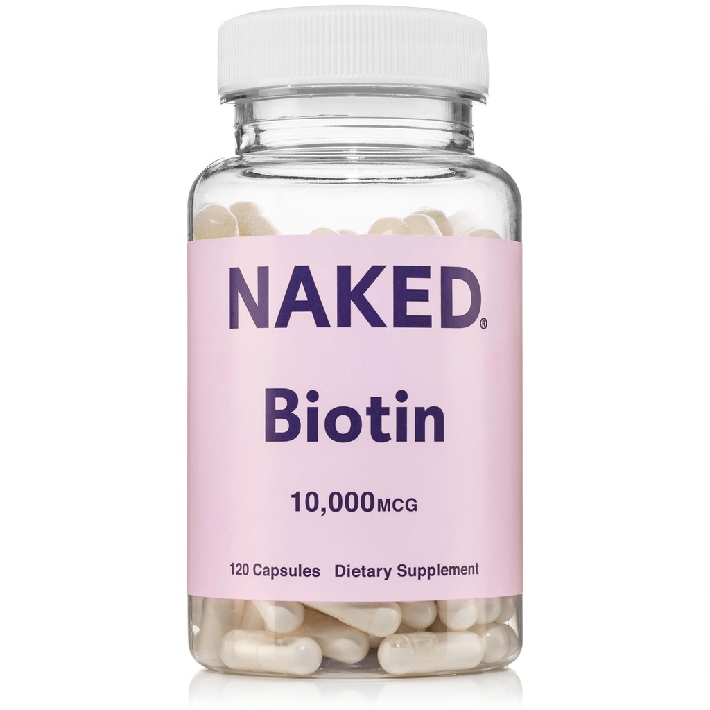 NAKED Biotin 10,000mcg - Max Strength Vitamin B7 Supplement for Healthy Hair, Skin & Nails Support - Non-GMO, Gluten-Free, Vegan - Stöder Keratin Production - 120 kapslar