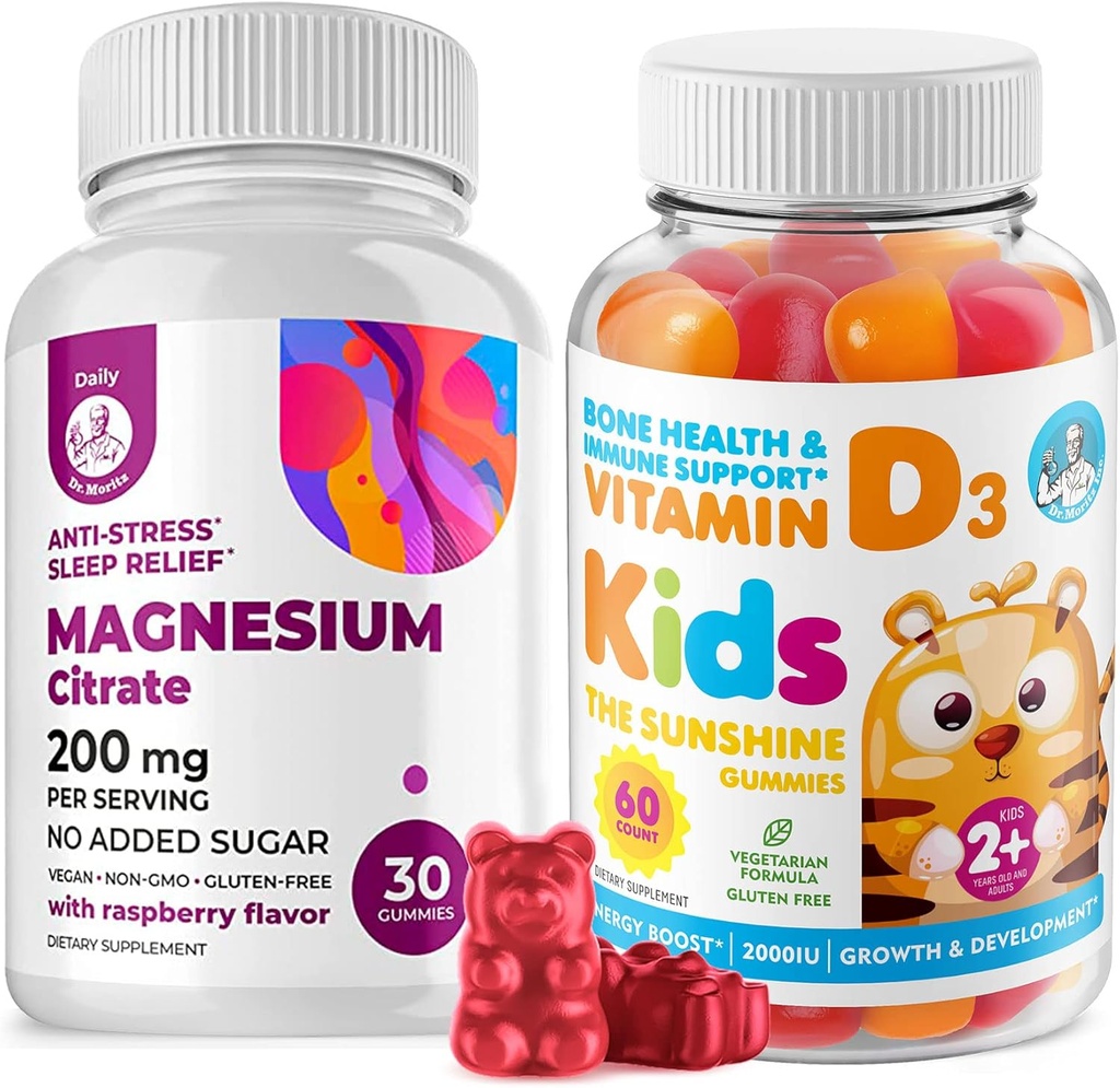 D-vitamiini Gummies for Kids&Adults 2000 IU ja Magnesium Gumies - terve D3-vitamiinilisät 1000IU - Kasvissyöjä Liivate-Immuuni tuki sokeriton Magnesium Calm Chews for Kids&Adults