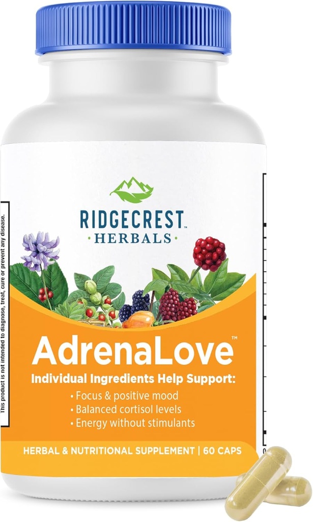 Ridgecrest Herbals AdrenaLove, Stressi- ja energiatuki täydentää Ashwagandha, L-Theanine, Ginseng, Schisandra, Tauriini, Pyhä Basil, Adaptogens, B-vitamiinit (60 Vegan Caps, 30 Serv)