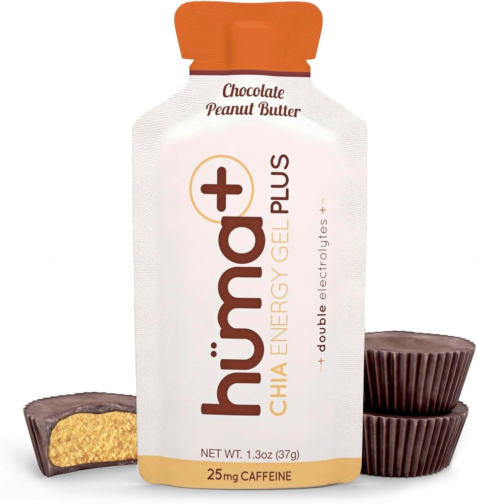 Huma Plus (Double Electrolytes) - Chia Energy Gel, Chocolate Peanut Butter, 12 geeliä - vatsa Friendly, Real Food Energy Gels