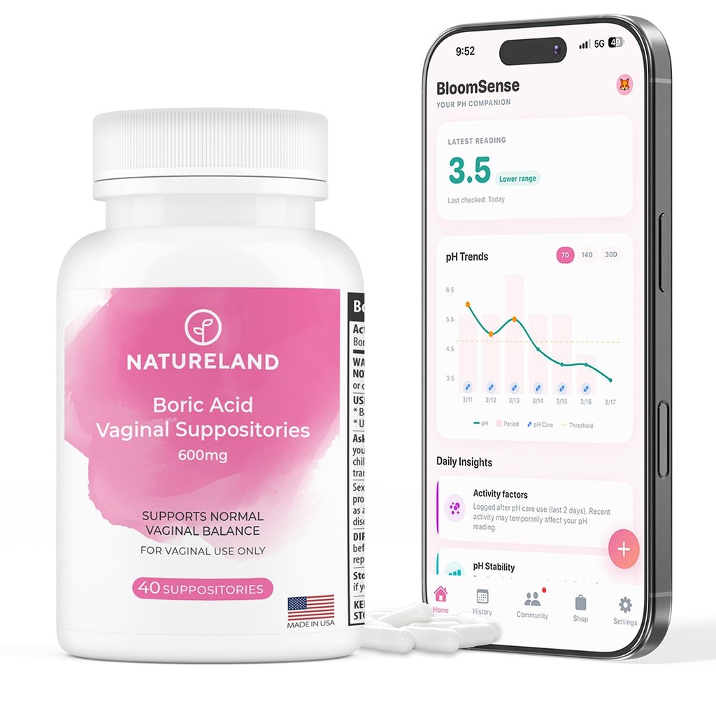 Natureland 40 Count, 600mg Boric Acid Vaginal Suppositories, Made in USA, Palauta pH Balance and Lease Dryness, Odors, Itchiness, ja vastuuvapauden, Tuki Intimate Health (40 Count (Pack of 1))