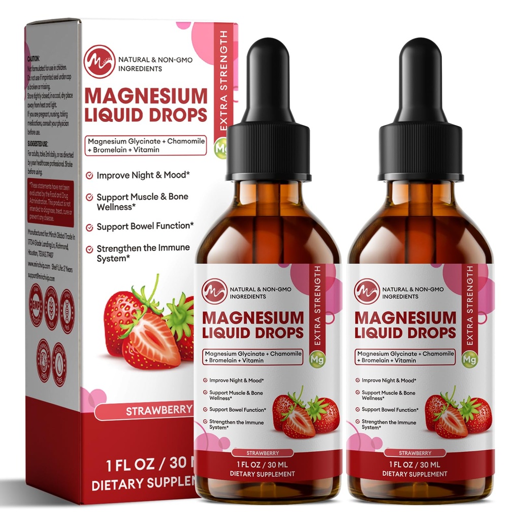 M tuuman magnesium Glycinate Liquid, suuri imeytyminen Magnesiumnesteen tippa, jossa selluloosakuitua, bromaiinia, B6-vitamiinia, C-vitamiinia, sinkkiä, magnesiumia lapsille ja aikuisille, mansikkamaahto, 2 pakkaus