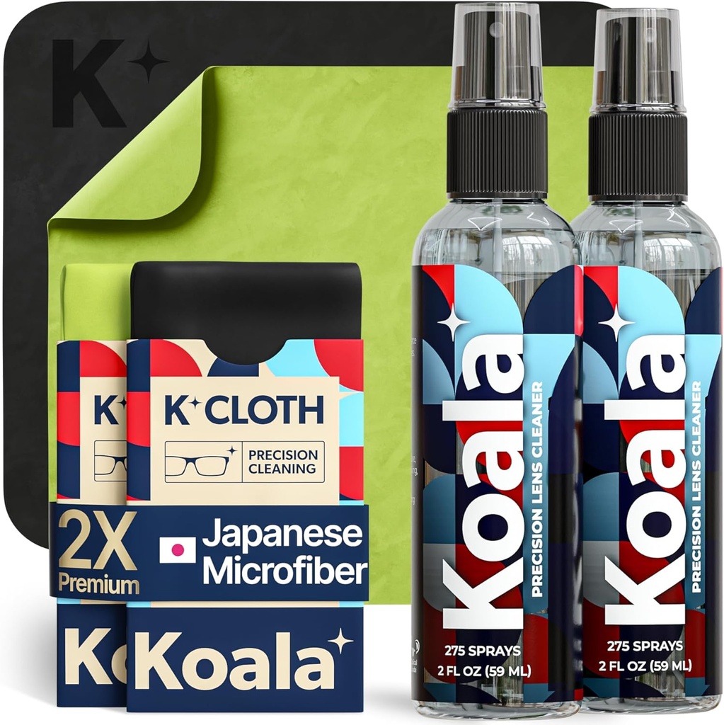Koala Eyeglass Lens Cleaner Spray Kit | (2x) Glasögon Cleaner Bottle + (2x) Microfiber Cloth | Alkoholfria glasögon, skärm och kamera rengöring Kit | Made in USA (4 Piece Set)