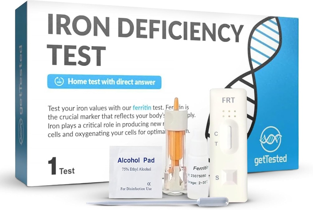 GetTested Iron Deficiency Test Kit - Home Blood Test för Anemi med snabba resultat - Fingerprick Sample, No Lab Visit Neededed - Kliniskt validerad kontroll för låga järnnivåer