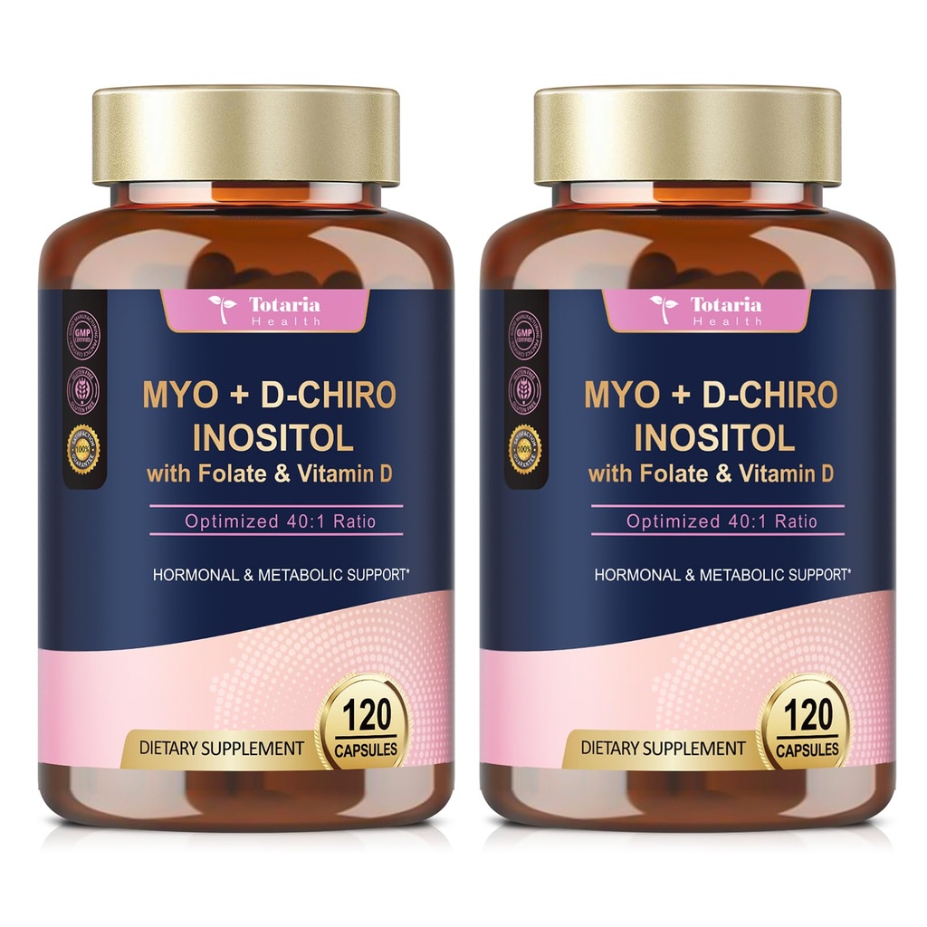 Totaria Inositol Supplement for Women with D3-vitamiini, Folate, 40:1 Ratio Myo-Inositol & D-Chiro Inositol Complex, (Vitavan B8) Inositol Capsules, Pack of 2