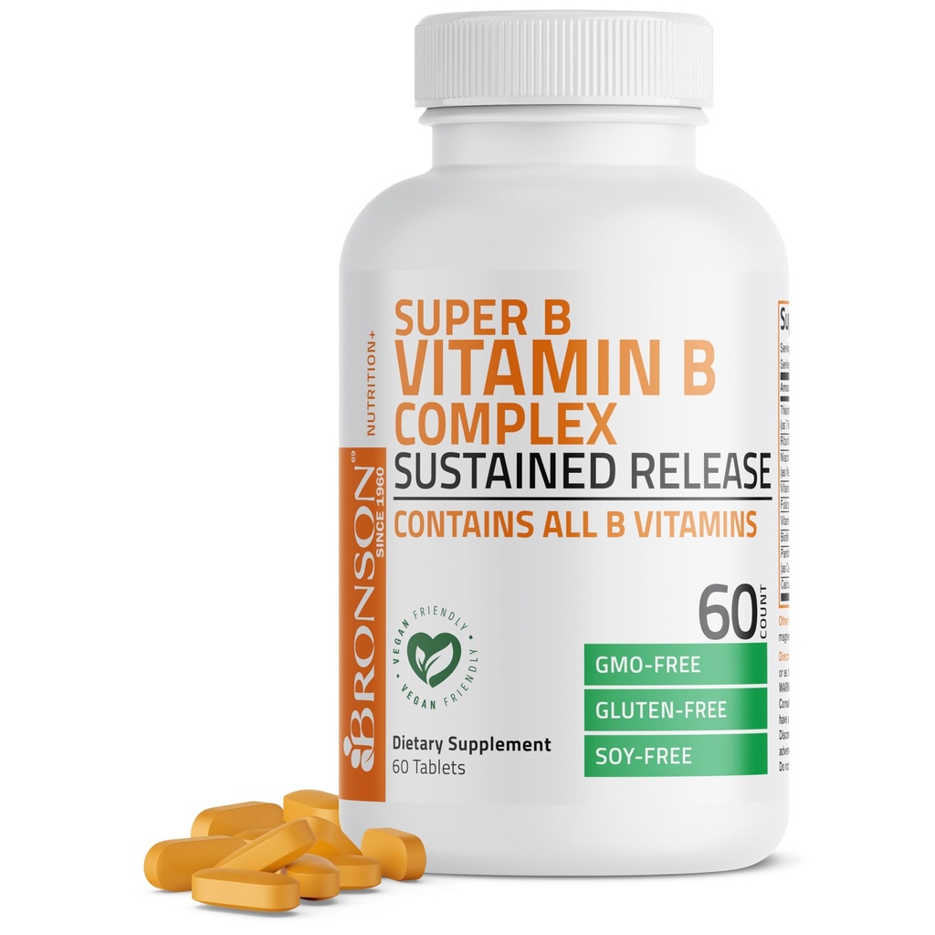 Bronson Super B Vitamin B Complex Sustained Slow Release (Vitamin B1, B2, B3, B6, B9 - Folic Acid, B12) innehåller alla B Vitaminer 60 tabletter