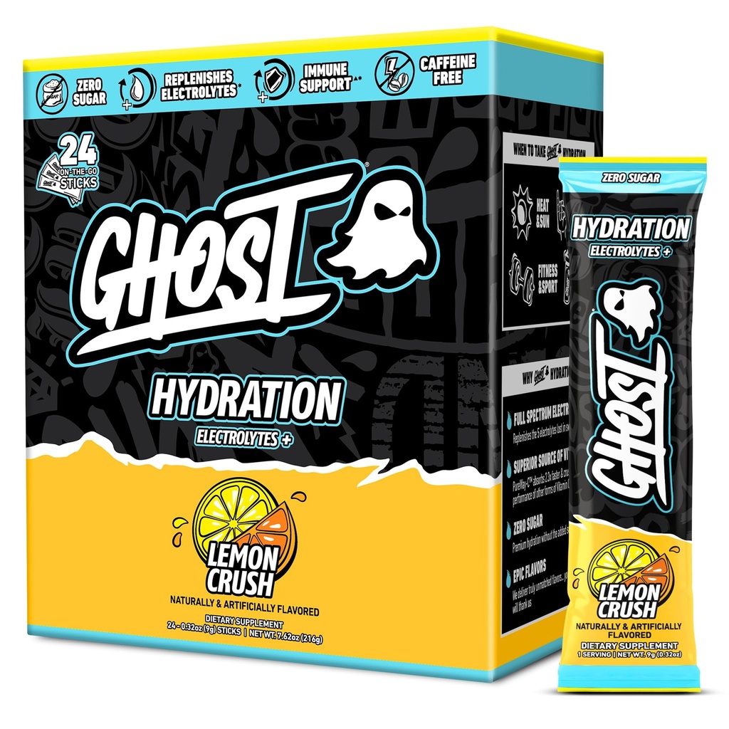 GHOST-kosteuspakkaukset, sitruunakastike, 24 tikkua, Elektrolyyttijauhe - juomasekoitus, magnesium, kalium, kalsium, C-vitamiini - Vegaaniystävällinen, soijaton, sokeri ja gluteeniton