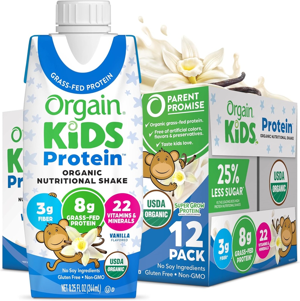 Orgain Organic Kids Nutritional Protein Shake, Vanilja, Terveet lapset Välipalat, 8g Dairy Protein, 3g Kuitu, 22 Vitamiinit ja mineraalit, Ei soijan ainesosia, Gluteeniton, ei-GMO, 8.25 Fl Oz (Pakkaus 12)