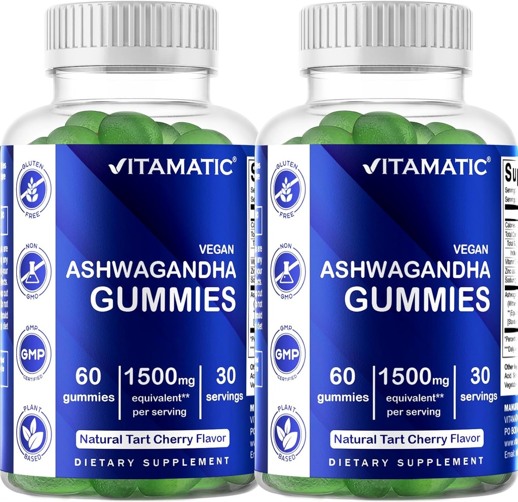 Vitamatic 2 Pack Ashwagandha Gummies 1500 mg Equivalent Per Serving (från 30:1 Extract 50 mg) - 60 Vegan Gummies - 3% Withanolider