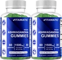 Vitamatic 2 Pack Ashwagandha Gummies 1500 mg Equivalent Per Serving (från 30:1 Extract 50 mg) - 60 Vegan Gummies - 3% Withanolider