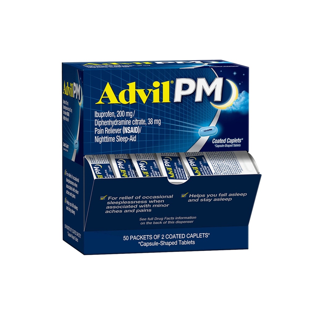 Advil PM Pain Reliever och Nighttime Sleep Aid, Smärtmedicin med Ibuprofen för smärtlindring och diphenhydramincitrat för en sömnhjälp - 50x2 Coated Caplets