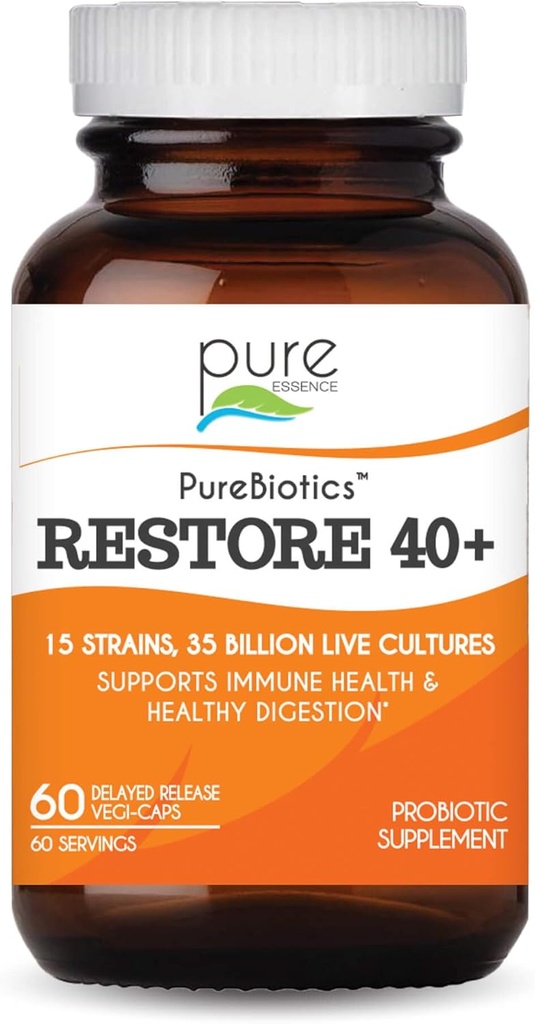 PURE ESIDENCE LABS PureBiotics Palauta 40+ Probiootti täydentää - Tukee Immuuni & Ruoansulatus - Meijeri & Gluteenittomat - 15 kanta (35 miljardia CTU) Aikuiset Natural Probiotics (60 Caps)