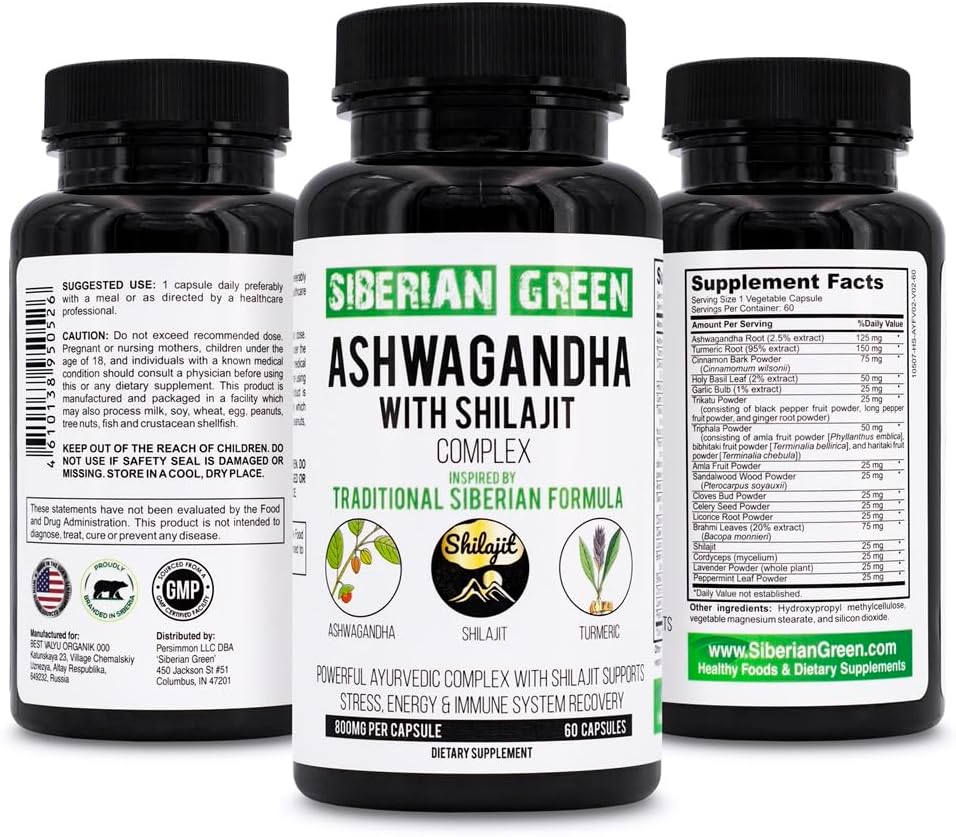 Siperian vihreä Ashwagandha Altai Shilajit & Turmeric Ayurvedic Complex 60 kapselia ... Perinteinen Siperian Formula Stress Relief, Mieliala, energiatuki, immuunijärjestelmän Recovery
