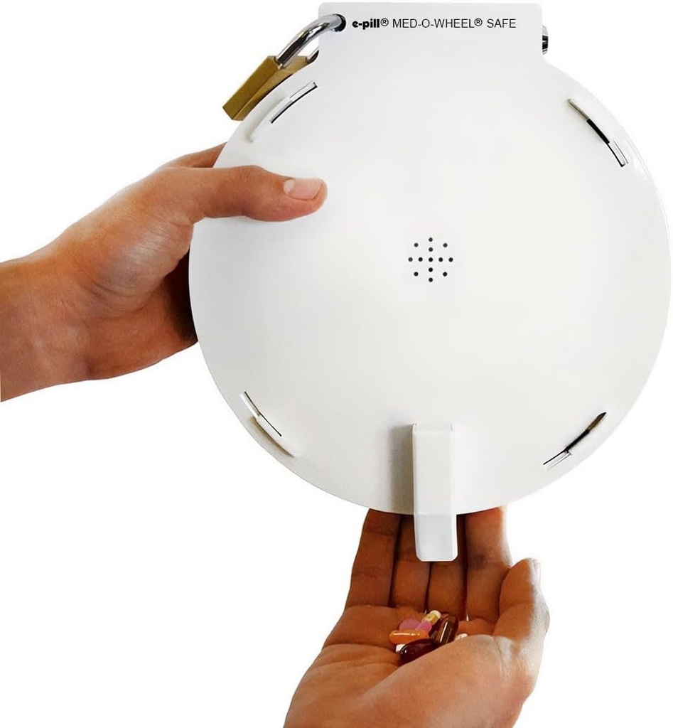 E-Pill Med-O-Wheel Safe - Högt Tammerfors Resistant Automatic Pill Dispenser - Metal Case med 4 Oberoende Lås