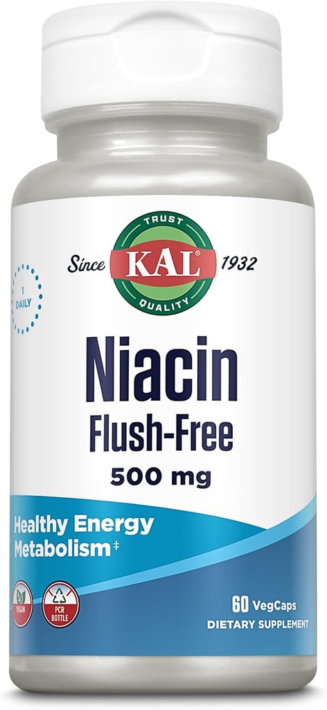 KAL Niacin 500mg Flush Free - Vitamin B3 Supplement - Metabolism and Energy Support - Hud, Nerve, Digestive Health and Circulation Support - Vegan Vitamin, 60-dagars garanti, 60 portioner, 60 VegCaps