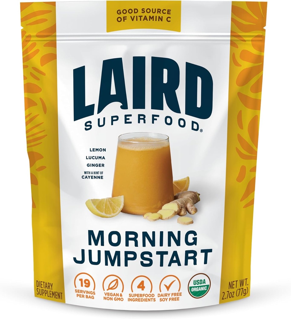 Laird Superfood Morning Jumpstart Powder Drink Supplement, Lemon, Lucuma, Ginger ja Cayenne Cleanse, Organic, 2.7 Oz Bag, 1 pakkaus
