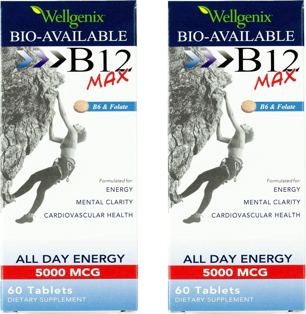Wellgenix Bio-Saatavilla Sublingual B12 Max - Formulated for High Absorption - Nutritional Multivitamiini B12, B6, Folaatti - Nopea liuotus (60 Ct) 2 pakkaus