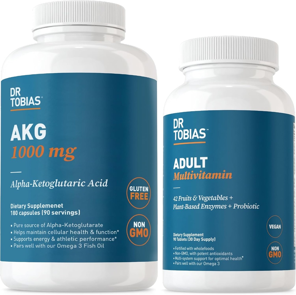 Dr Tobias AKG Supplement & Adult Multivitamin - Omfattande cellulär energi och näringsstöd för övergripande välbefinnande och vitalitet, Vegan, icke-GMO