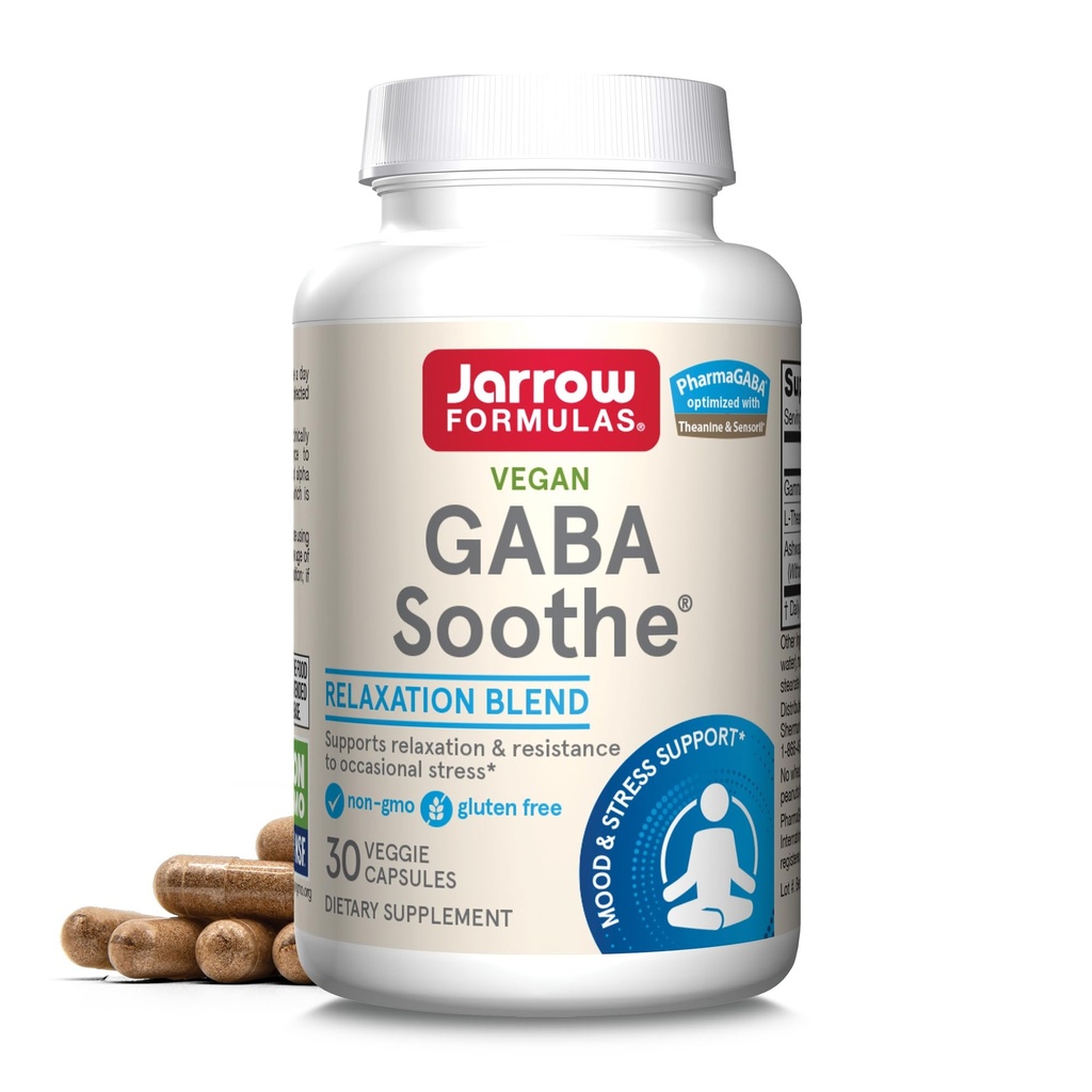 Jarow Formulas® GABA Soothe®, 3 ainesosaa Ravintolisä rentoutumista ja satunnaista stressiä varten, 30 kasviskapselia, 30 päivän toimitus
