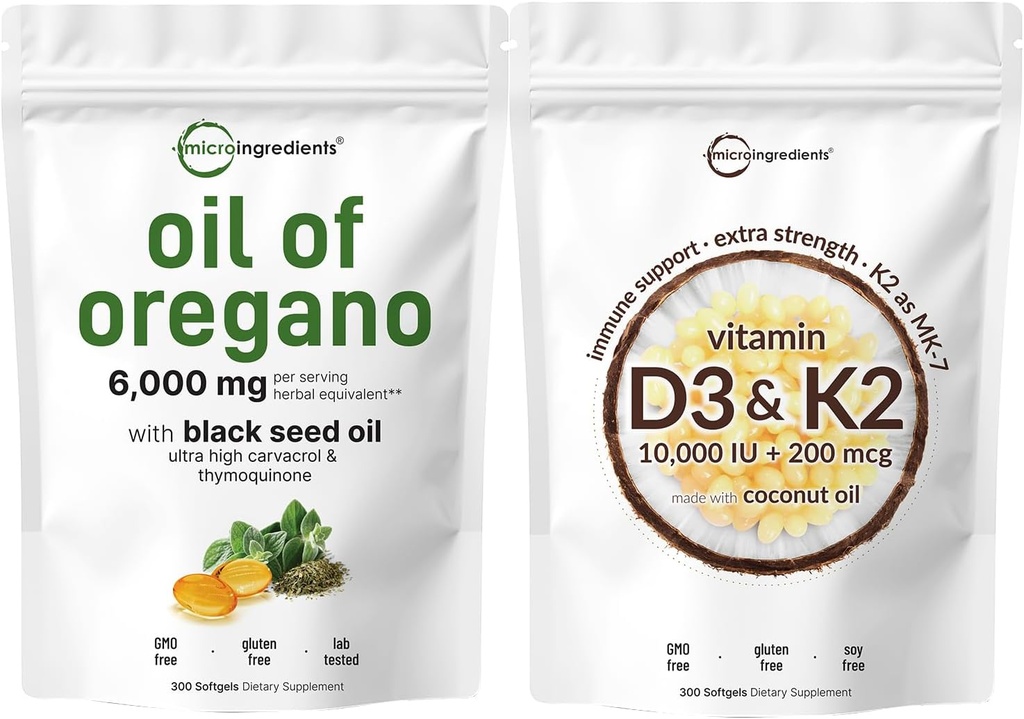 Micro Ingredients Oil of Oregano Softgels 6000mg Per Serving & Vitamiin D3 10 000iu + K2 200mcg Coconut Oil Softgels Bundle 2 Pack 4X Strength Carvacrol & Thymoquinon