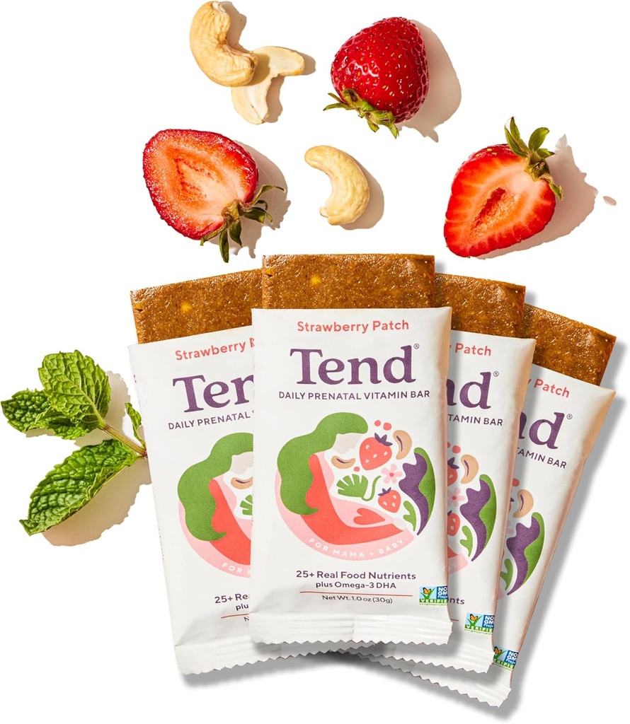 Tend Daily Best Prenatal Vitamin Bar, tillverkad med organiska ingredienser för gravida och postpartum mammor, inkluderar DHA, vitamin D, B, Choline, Folate - Strawberry Patch (4ct)