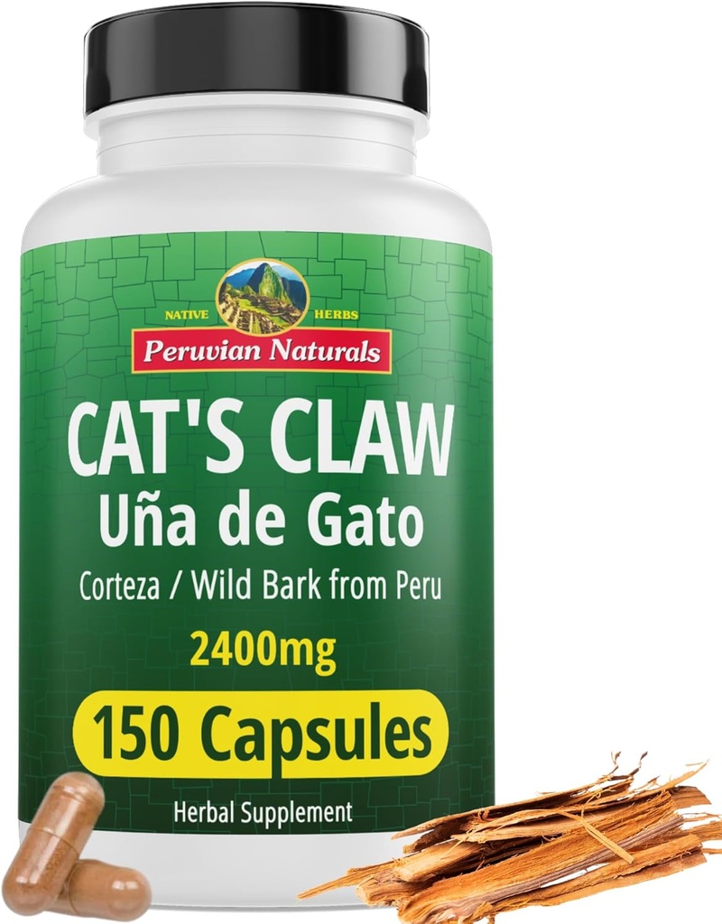 Peruvian Naturals Cat's Claw Herbal Supplement 150 kapselia - Uña de Gato 2400mg Vegan, 100% Natural Cats Claw Bark kasvanut Perussa, Ei-GMO, Uncaria Tomentosa UNA de Gato