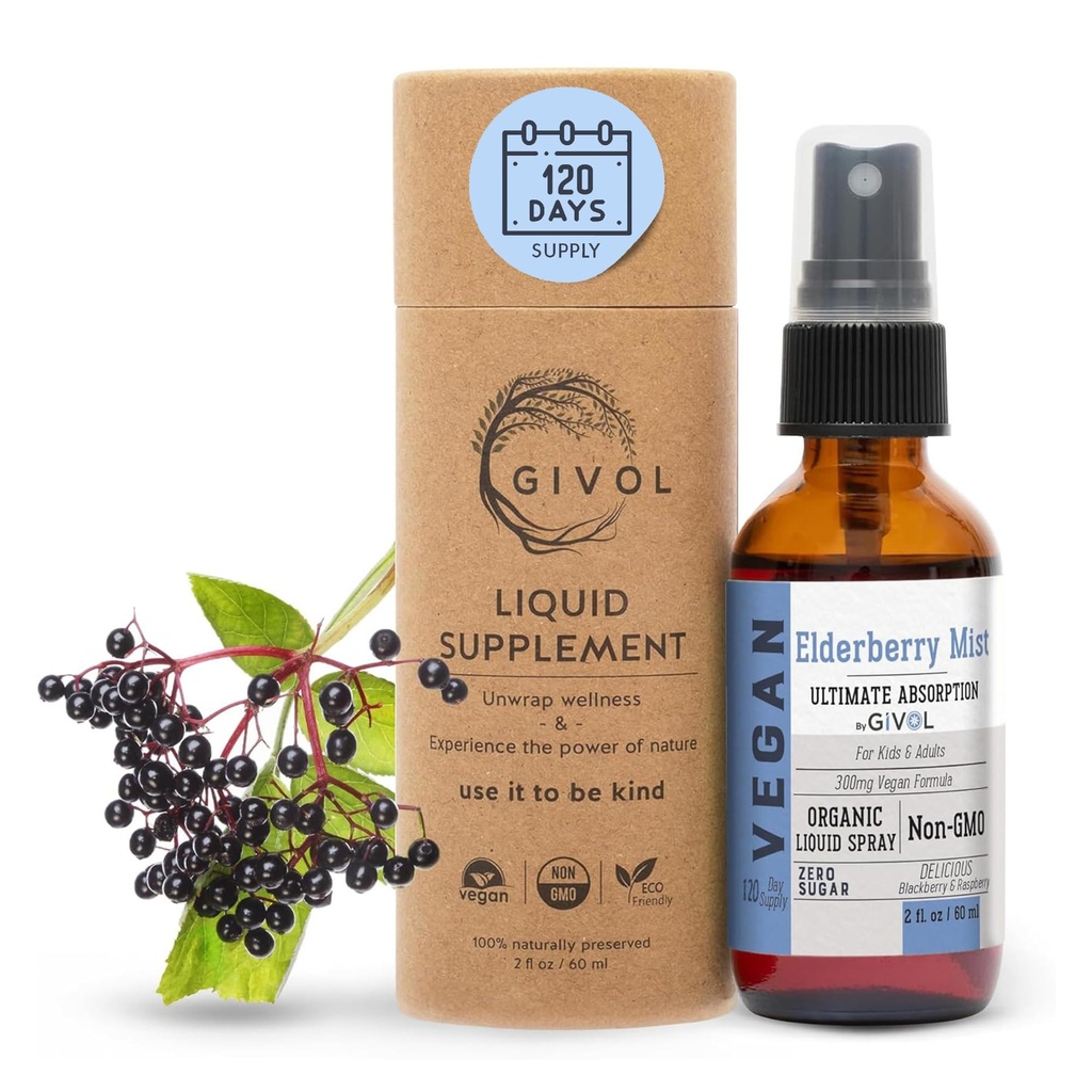 Organic Elderberry Mist (Sambucus Nigra) Liquid Extract Extra Strength Immuuni Boost lapsille ja aikuisille Korkea Flavonoid tasot, helppo imeytyminen, ei-GMO, Vegan 120-päivä tarjonta