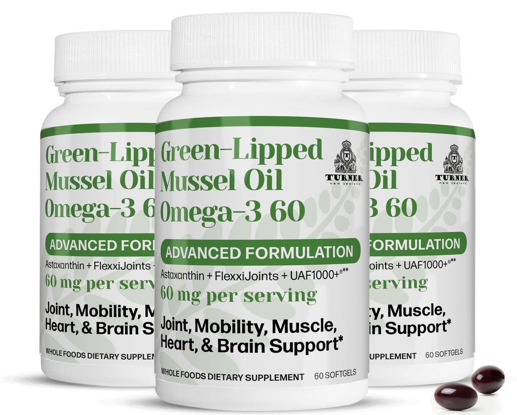 Turner Uusi-Seelanti Vihreä Lipped Omega-3 Mussel Oil, 53x Korkeampi Potenssi UAF1000+ Super Antioksidantti. Ei Fishy Aftertaste, 3 pulloa, 180 Softgels