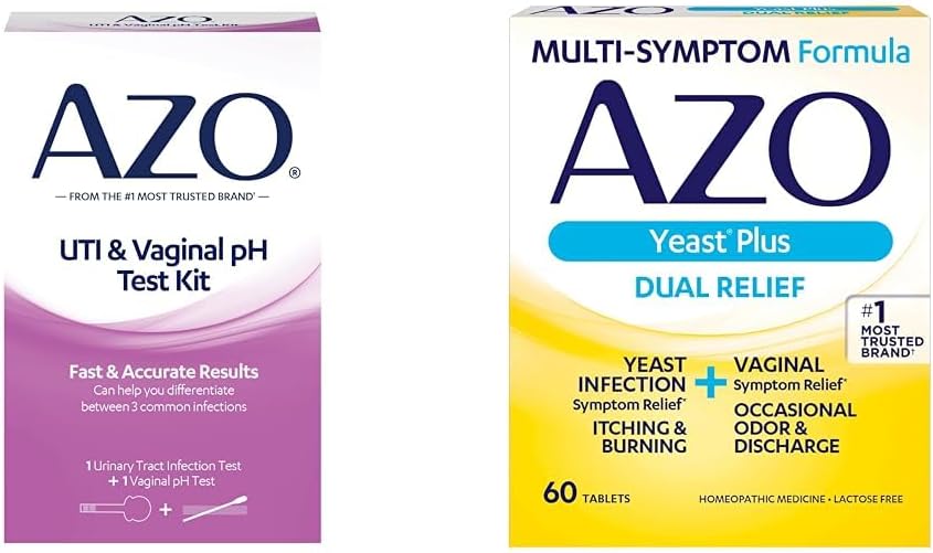 AZO virtsatieinfektiotestiliuska + emättimen pH-testipakkaus + hiivan infektio- ja emättimeen liittyvä oireeton tabletti, 60