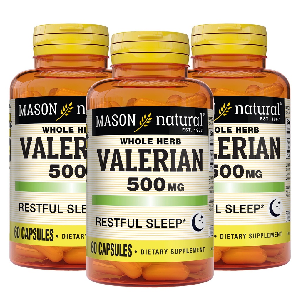 MASON NATURAL Valerian Root 500 mg, 6 månaders leverans, naturlig sömnhjälp, främjar hälsosam och vital sömn, Herbal Supplement, 3 Pack