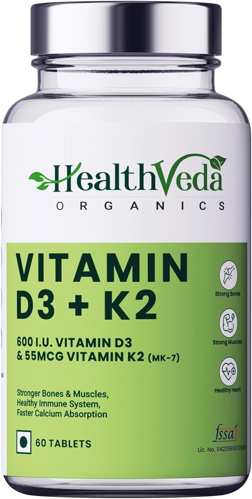 Organics Vitamin D3 (600 IE) + Vitamin K2 som MK7 Supplement (55mcg) | 60 Veg Tablets | Stöder hälsosamma ben, ökar immunsystemet och gemensam hälsa | för Män & kvinnor